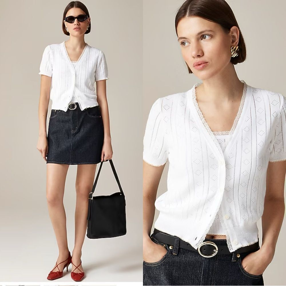 NWT J CREW Pointelle short-sleeve V-neck cardigan in premium ultra-fine cotton - Picture 1 of 7